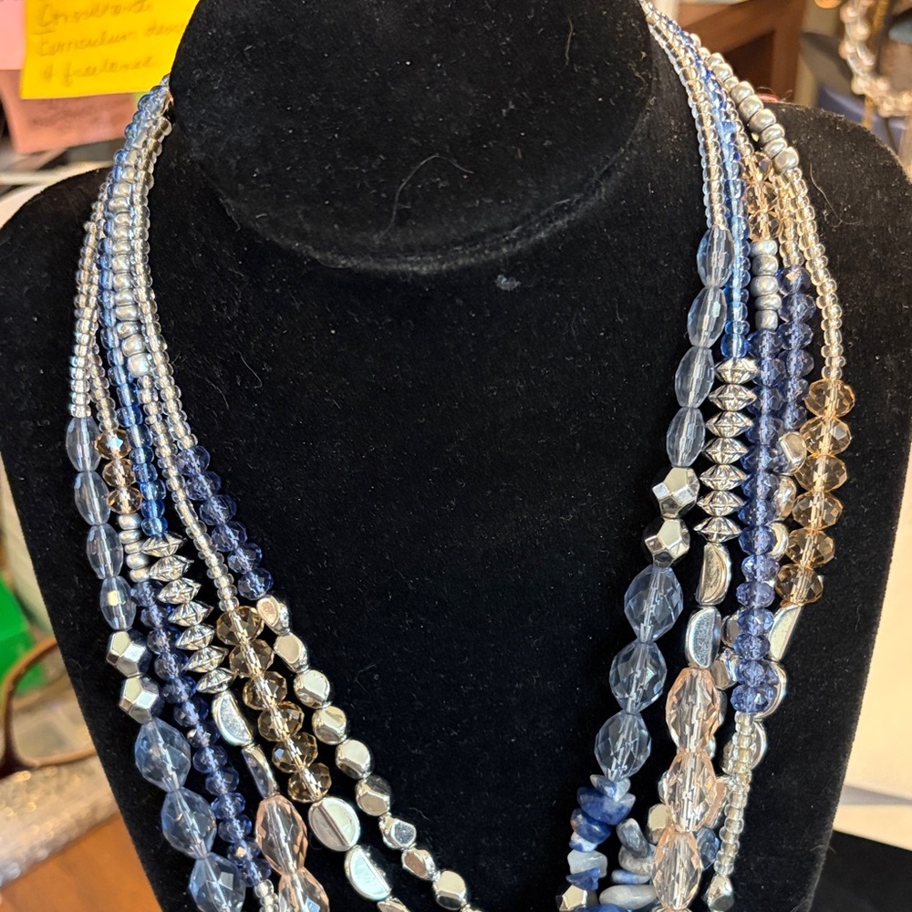 Multi-Strand Blue and Silver Beaded Necklace - Women Jewelry - Picture 2 of 4